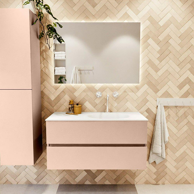 MONDIAZ VICA Ensemble meuble de salle de bains - 100cm - meuble bas rosee - 2 tiroirs - lavabo moon à droite - 1 trou de robinet - version haute 60cm - talc