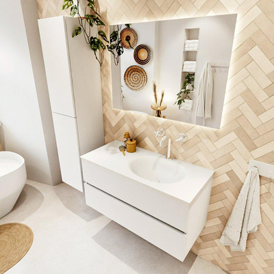 MONDIAZ VICA meuble sous lavabo 100cm Talc 2 tiroirs. Lavabo MOON droit 1 trou de robinet, couleur Talc.