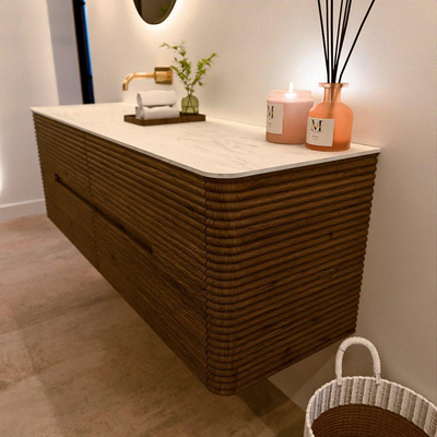 Mondiaz CIRO-DLUX Meuble de salle de bains - 150x45x50cm - Plan vasque solid surface Opalo - 1 vasque à gauche - sans trous de robinetterie - 4 tiroirs - Dusk