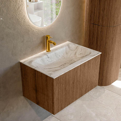 MONDIAZ KURVE-DLUX 70cm Meuble salle de bain - couleur Walnut - 1 tiroir - vasque BIG SMALL centre - 1 trou de robinet - couleur Glace