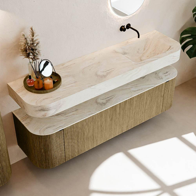 MONDIAZ THOR-DLUX 170cm meuble de salle de bains arrondi gauche + droite couleur Dusk avec 1 tiroir et 2 portes. Vasque suspendue CLOUD Droite sans trou de robinet couleur Ostra.