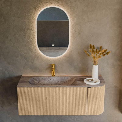 MONDIAZ KURVE-DLUX Meuble de salle de bains 115cm arrondi à droite couleur Chêne avec 1 tiroir et 1 porte. Lavabo BIG SMALL gauche 1 trou de robinet Oza.