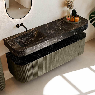 MONDIAZ THOR-DLUX 160cm meuble de salle de bains arrondi gauche + droite couleur Shadow avec 1 tiroir et 2 portes. Vasque suspendue CLOUD Gauche sans trou de robinet couleur Lava.