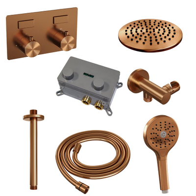 BRAUER Copper Edition Douche de pluie thermostatique encastrée - boutons-poussoirs - SET 59 - tête de douche 20 cm - bras de plafond - douchette 3 jets - flexible de douche - coude de raccordement mural - cuivre brossé PVD