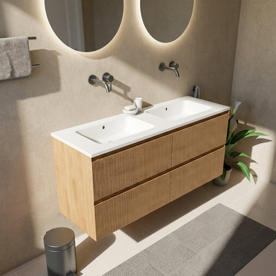 Saniclass Holz Atelier Ensemble de meubles de salle de bains - 140x45x77.5cm - lavabo Torino en solid surface blanc - sans trou de robinetterie - 4 tiroirs - chêne natural mat (bois)