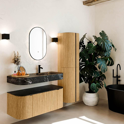 MONDIAZ THOR-DLUX 110cm meuble de salle de bains arrondi gauche + droite couleur Oak avec 1 tiroir et 2 portes. Vasque suspendue CLOUD Droite 1 trou de robinet couleur Lava.