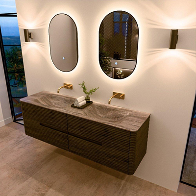 Mondiaz CIRO-DLUX Ensemble de meubles de salle de bains - 160x45x50cm - plan-vasque Solid surface Oza - 2 vasques double - sans perçages pour robinet - 4 tiroirs - Shadow