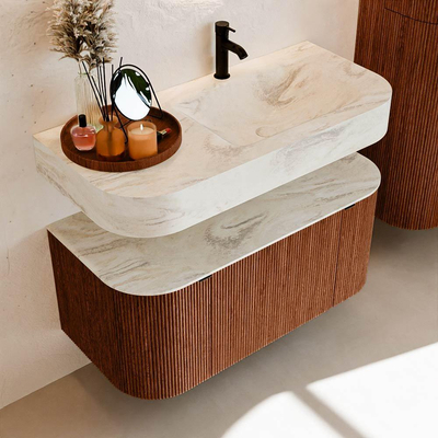 MONDIAZ THOR-DLUX 100cm meuble de salle de bains arrondi gauche + droite couleur Ruby avec 1 tiroir et 2 portes. Vasque suspendue CLOUD Droite 1 trou de robinet couleur Ostra.