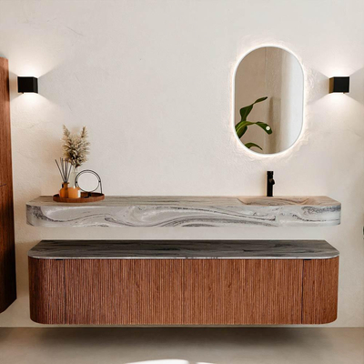 MONDIAZ THOR-DLUX 190cm meuble de salle de bains arrondi gauche + droite couleur Ruby avec 2 tiroirs et 2 portes. Vasque suspendue CLOUD Droite 1 trou de robinet couleur Sombra.