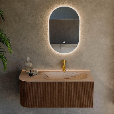 MONDIAZ KURVE-DLUX 105cm badmeubel ronding Links kleur Walnut met 1 lade en 1 deur. Wastafel BIG SMALL Rechts 1 kraangat Arena.