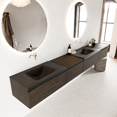 Mondiaz BUKLA badkamermeubelset 280x45x34cm 0 kraangaten 2 wasbakken solid surface Urban greeploos 4 lades met softclose Melamine Dark brown