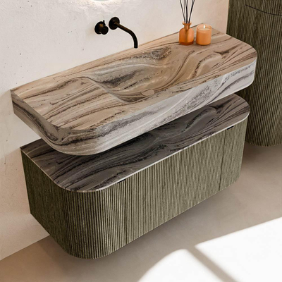 MONDIAZ THOR-DLUX Meuble de salle de bains 110cm arrondi gauche + droite couleur Shadow avec 1 tiroir et 2 portes. Vasque suspendue CLOUD Milieu sans trou de robinet couleur Sombra.