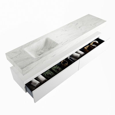 Mondiaz ALAN-DLUX Ensemble de meuble - 200cm - meuble Talc mat - 2 tiroirs - Lavabo Cloud Opalo suspendu - vasque Gauche - 0 trous de robinet