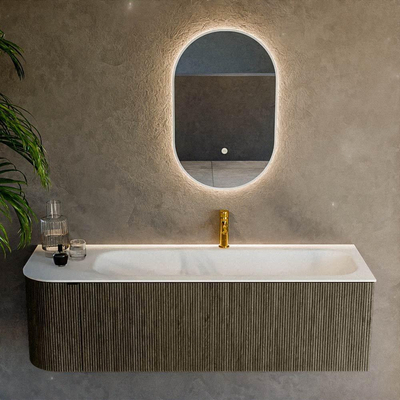 Mondiaz KURVE Ensemble de meuble salle de bain - 145x46x40cm - 1 tiroir - 1 porte - lavabo en solid surface - droite - 1 trou de robinet - Shadow