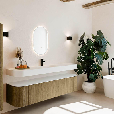 MONDIAZ THOR Meuble de salle de bains 190cm arrondi gauche + droite couleur Dusk avec 2 tiroirs et 2 portes. Vasque suspendue CLOUD Milieu 1 trou de robinet couleur Talc.