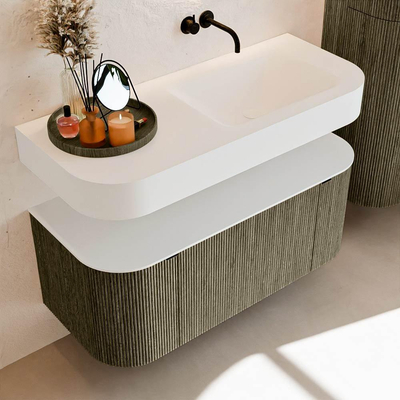 MONDIAZ THOR Meuble de salle de bains 110cm arrondi gauche + droite couleur Shadow avec 1 tiroir et 2 portes. Vasque suspendue CLOUD Droite sans trou de robinet couleur Talc.