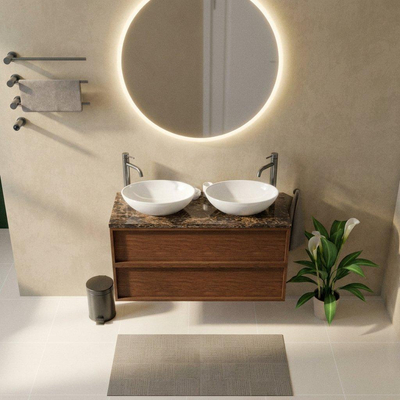 Saniclass Holz Frame Ensemble meuble de salle de bains - 120x45x63cm - plan de travail en pierre naturelle Noche dark emperador - 2 trous de robinet - 2 tiroirs - walnut pure mat (bois)