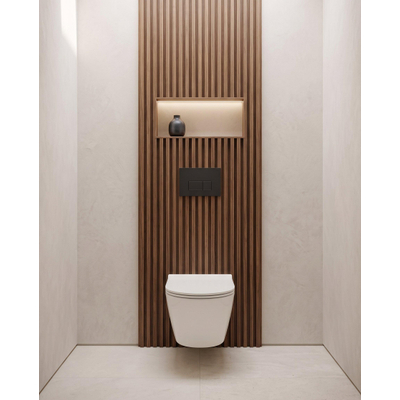 QeramiQ Salina Toiletset - rimless - Geberit inbouwreservoir - diepspoel wandcloset - softclose - quickrelease - bedieningspaneel - met rechthoekige knoppen - mat zwart - wit