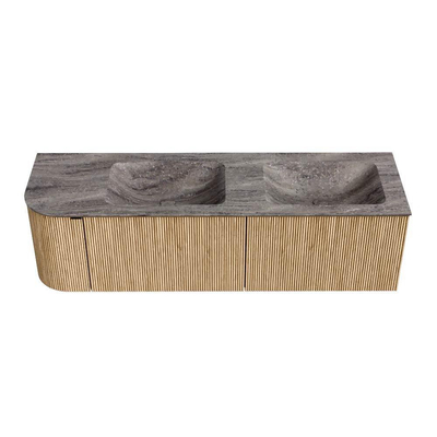 MONDIAZ KURVE-DLUX meuble de salle de bains 155 cm arrondi à gauche couleur Chêne avec 2 tiroirs et 1 porte. Lavabo LEAF Double / Droite sans trou de robinet Oza.