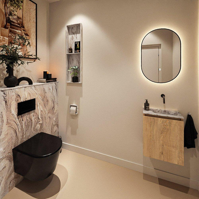 MONDIAZ TURE-DLUX Meuble toilette - 40cm - Washed Oak - EDEN - vasque Glace - position droite - sans trou de robinet