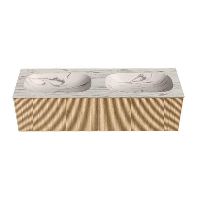 MONDIAZ KURVE-DLUX Meuble de salle de bains 150cm couleur Oak avec 2 tiroirs et 0 portes. Lavabo STOR SMALL Double sans trou de robinet Nata.