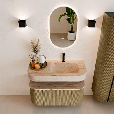 MONDIAZ THOR-DLUX 100cm meuble de salle de bains arrondi gauche + droite couleur Dusk avec 1 tiroir et 2 portes. Vasque suspendue CLOUD Droite 1 trou de robinet couleur Saba.