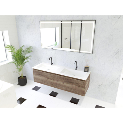 HR Matrix ensemble meuble de salle de bain 3d 140cm 2 tiroirs sans poignée avec bandeau couleur charleston avec vasque fine 2 trous de robinetterie blanc mat