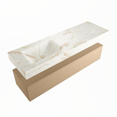 Mondiaz ALAN-DLUX Ensemble de meuble - 150cm - meuble Oro mat - 1 tiroir - Lavabo Cloud Frappe suspendu - vasque Gauche - 1 trou de robinet