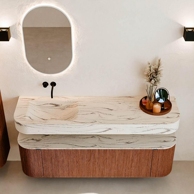 MONDIAZ THOR-DLUX 160cm meuble de salle de bains arrondi gauche + droite couleur Ruby avec 1 tiroir et 2 portes. Vasque suspendue CLOUD Gauche sans trou de robinet couleur Nata.