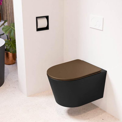 Mondiaz LAVIE hangtoilet – spoelrandloos – 36 x 53 cm – met softclose zitting – Urban (zwart), zitting Rust (bruin)