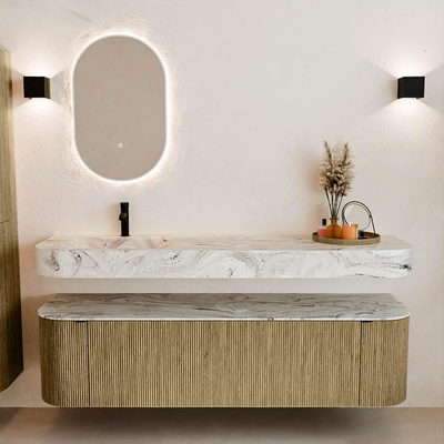 MONDIAZ THOR-DLUX Meuble de salle de bains 170cm arrondi gauche + droite couleur Dusk avec 1 tiroir et 2 portes. Vasque suspendue CLOUD Gauche 1 trou de robinet couleur Glace.