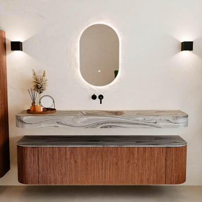 MONDIAZ THOR-DLUX Meuble de salle de bains 180cm arrondi gauche + droite couleur Ruby avec 2 tiroirs et 2 portes. Vasque suspendue CLOUD Milieu sans trou de robinet couleur Sombra.