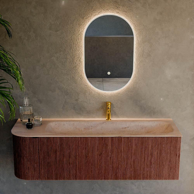 MONDIAZ KURVE-DLUX Meuble de salle de bains 145cm arrondi à gauche couleur Ruby avec 1 tiroir et 1 porte. Lavabo BIG LARGE à droite 1 trou de robinet Saba.
