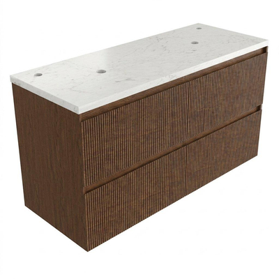Saniclass Holz Atelier Ensemble meuble de salle de bains - 120x45x63cm - Plan vasque en marbre Dia poli (blanc) - 2 trous de robinetterie - 2 tiroirs - walnut pure mat (bois)