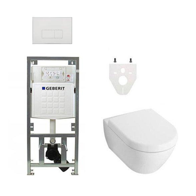 Villeroy en Boch Subway 2.0 DirectFlush toiletset met Geberit reservoir en bedieningsplaat met rechthoekige knoppen softclose toiletzitting wit