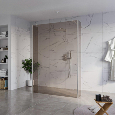Fortifura Galeria Vrijstaande Inloopdouche - 140x200cm - rookglas - antikalk - 8mm veiligheidsglas - 2 zijwanden 30cm - wandsteunen en hoekprofielen - PVD - geborsteld RVS