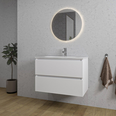 Saniclass Chaci Meuble de salle de bain - 80x46x55cm - lavabo en céramique blanc - 1 vasque - 1 trou de robinet - 2 tiroirs - ronde miroir avec éclairage - blanc mat
