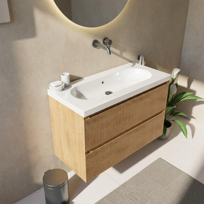 Saniclass Holz Atelier Ensemble de meubles de salle de bains - 100x45x63.5cm - lavabo Palermo en céramique blanc - 1 vasque - sans trou de robinetterie - 2 tiroirs - chêne natural mat (bois)