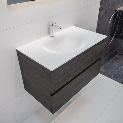 MONDIAZ VICA Ensemble de meuble salle de bain - 80cm - 2 tiroirs - lavabo Moon central - 1 trou de robinet - solid surface marron foncé