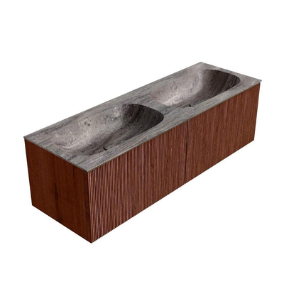 MONDIAZ KURVE-DLUX Meuble de salle de bains 140 cm couleur Ruby avec 2 tiroirs et 0 porte. Lavabo STOR SMALL Double sans trou de robinet Oza.