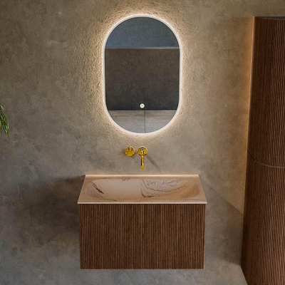 MONDIAZ KURVE-DLUX Meuble de salle de bains 70 cm couleur Walnut avec 1 tiroir et 0 porte. Lavabo BIG SMALL Central sans trou de robinet Arena.