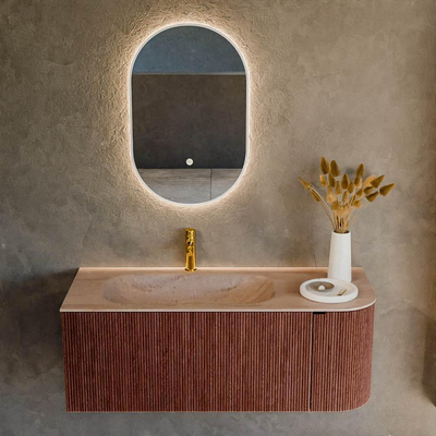 MONDIAZ KURVE-DLUX Meuble de salle de bains 115cm courbe Droite couleur Ruby avec 1 tiroir et 1 porte. Lavabo BIG SMALL Gauche 1 trou de robinet Saba.