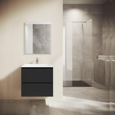 Saniclass Prime Blend Ensemble meuble de salle de bains - 60x55x46cm - 1 vasque ovale en céramique blanche - 1 trou de robinet - 2 tiroirs - miroir rectangulaire - noir mat