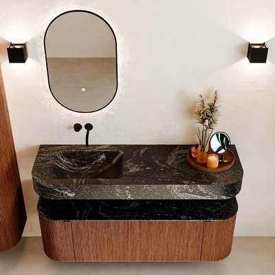 MONDIAZ THOR-DLUX 140cm meuble de salle de bains arrondi gauche + droite couleur Ruby avec 1 tiroir et 2 portes. Vasque suspendue CLOUD Gauche sans trou de robinet couleur Lava.