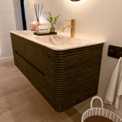Mondiaz CIRO-DLUX Badkamermeubelset - 130x45x50cm - Solid surface wastafel Frappe - 1 wasbak Rechts - 1 kraangat - 4 lades - Shadow