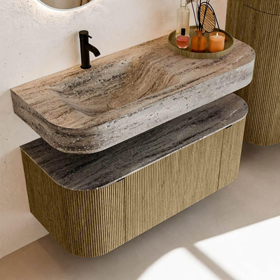 MONDIAZ THOR-DLUX 110cm meuble de salle de bains arrondi gauche + droite couleur Dusk avec 1 tiroir et 2 portes. Vasque suspendue CLOUD Gauche 1 trou de robinet couleur Oza.