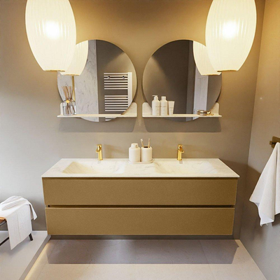 Mondiaz VICA-DLUX ensemble de meuble de salle de bain - 150cm - meuble sous-vasque oro - 2 tiroirs - lavabo encastré cloud double - 2 trous de robinet - version haute de 60cm - opalo