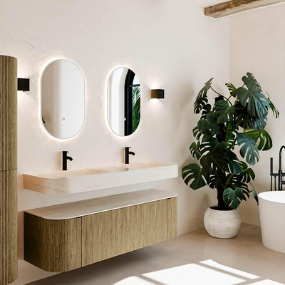 MONDIAZ THOR-DLUX 150cm meuble de salle de bains arrondi gauche + droite couleur Dusk avec 1 tiroir et 2 portes. Vasque suspendue CLOUD Double 2 trous de robinet couleur Meli.