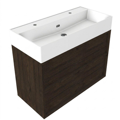 Saniclass Holz Frame Ensemble meuble de salle de bains - 100x45x72cm - lavabo Legend en céramique blanc mat - 1 vasque - 2 trous de robinetterie - 2 tiroirs - chêne charcoal mat (bois)