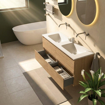 Saniclass Holz Pure Ensemble meuble salle de bains - 140x45x77.5cm - lavabo Torino en solid surface blanc - sans trou de robinet - 4 tiroirs - chêne natural mat (bois)